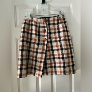 Vintage Kingsley wool brown/cream/tan plaid button lined skirt Fall size 8